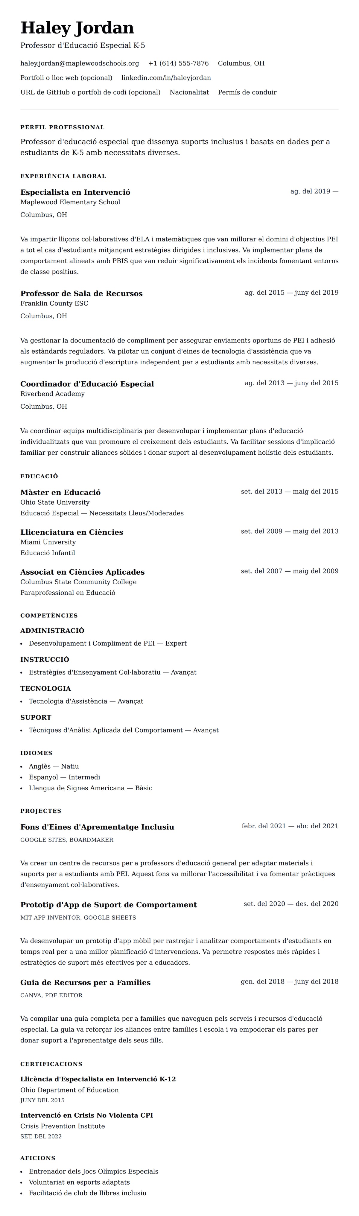 Previsualització del currículum per a Exemple de Currículum de Professor d'Educació Especial