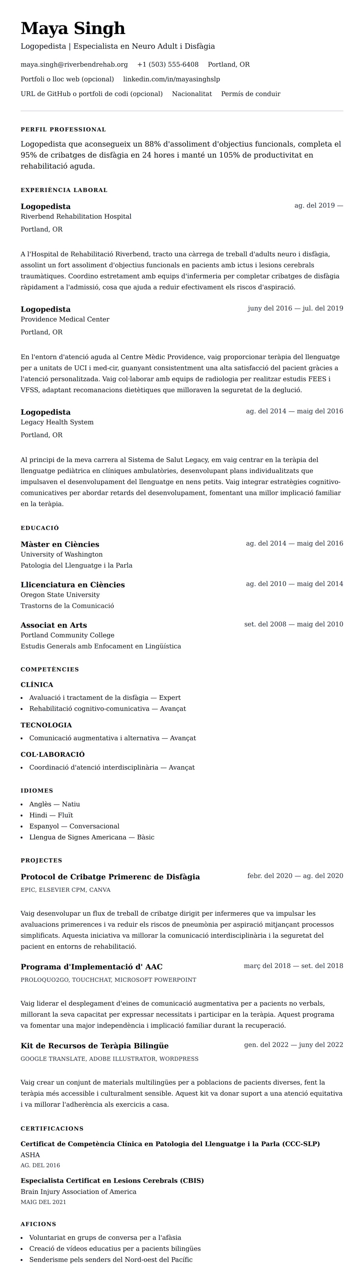 Previsualització del currículum per a Exemple de Currículum de Logopedista (SLP)