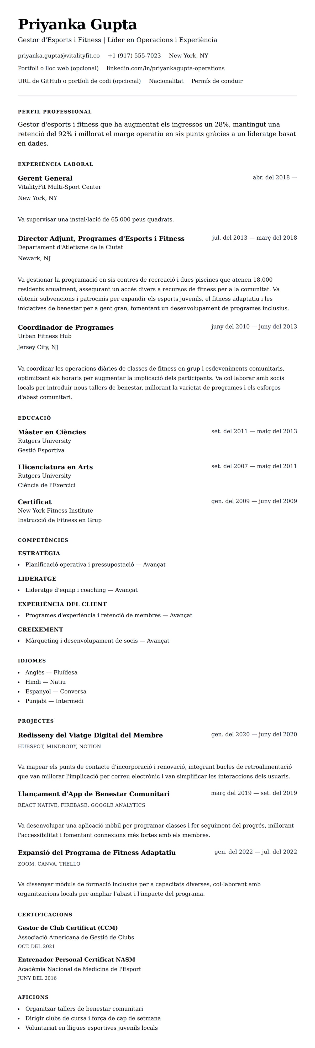 Previsualització del currículum per a Exemple de Currículum de Gestor d'Esports i Fitness