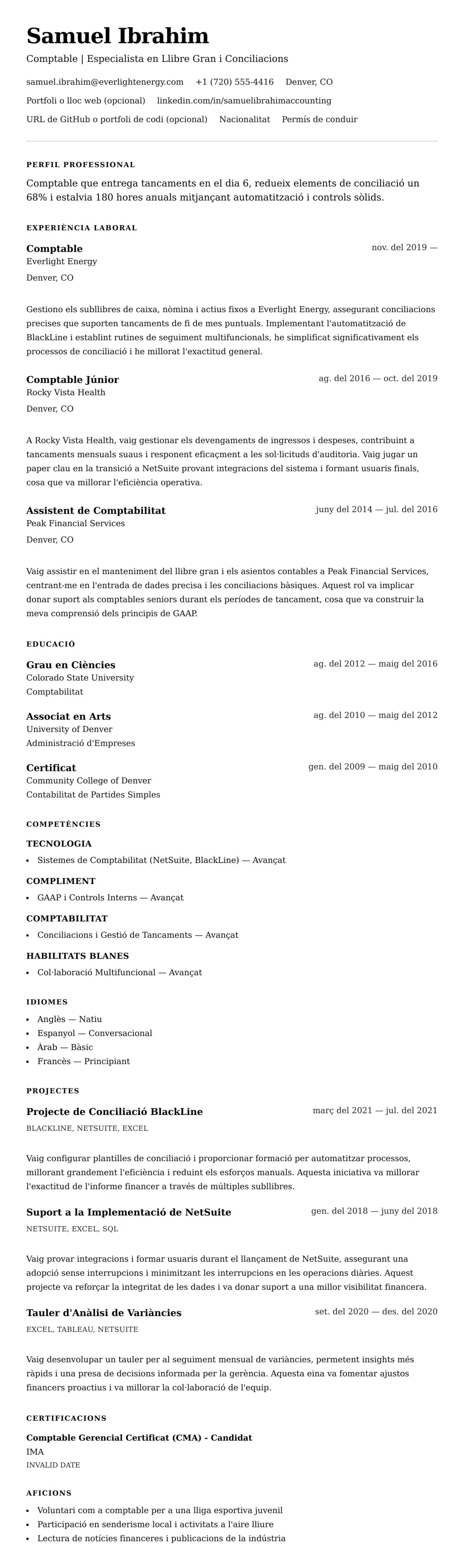 Previsualització del currículum per a Exemple de Currículum de Comptable