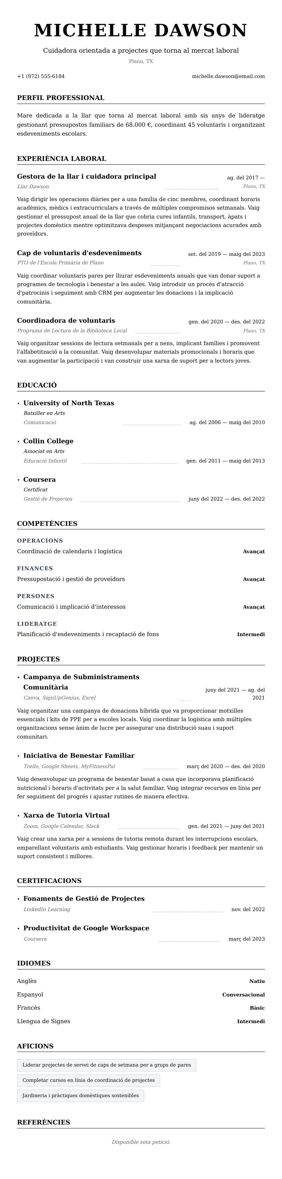 Previsualització del currículum per a Exemple de currículum de mare dedicada a la llar