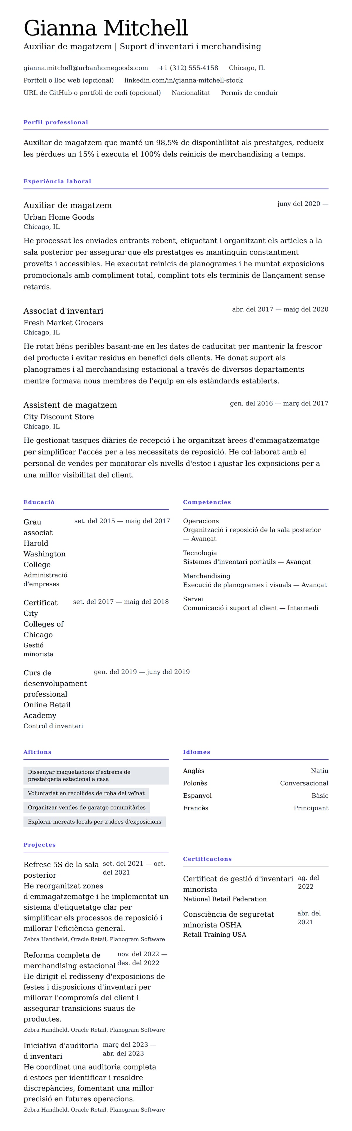 Previsualització del currículum per a Exemple de currículum d'auxiliar de magatzem