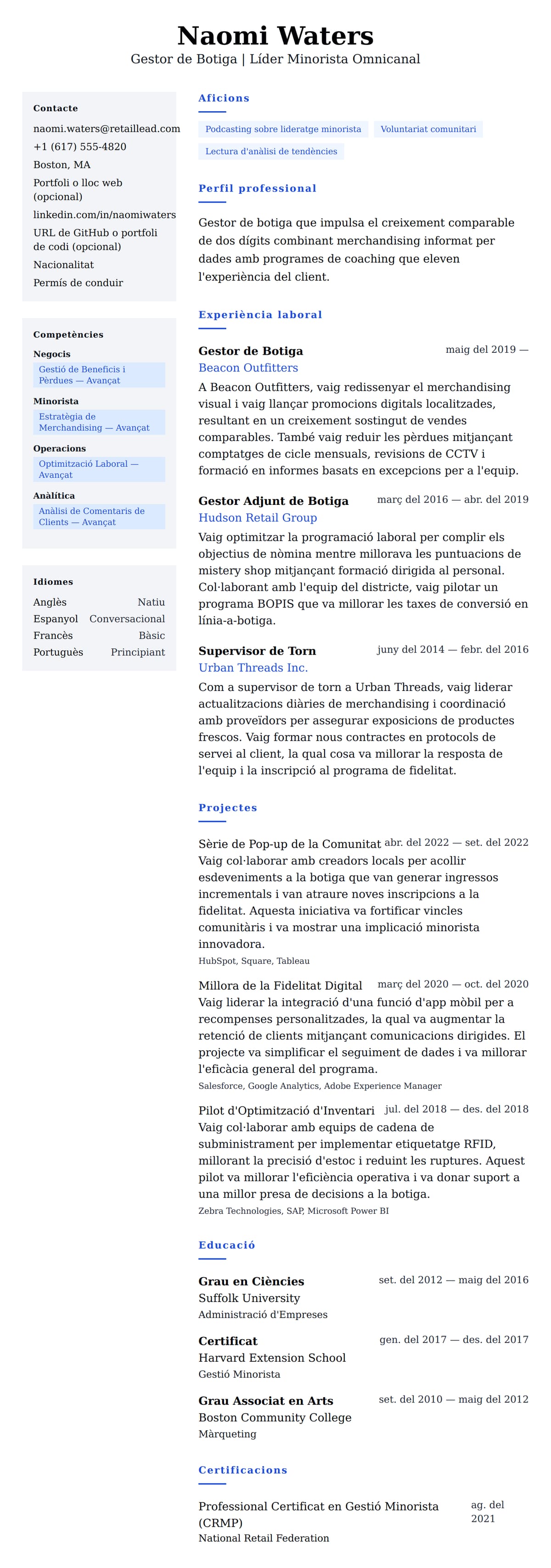 Previsualització del currículum per a Exemple de Currículum de Gestor de Botiga