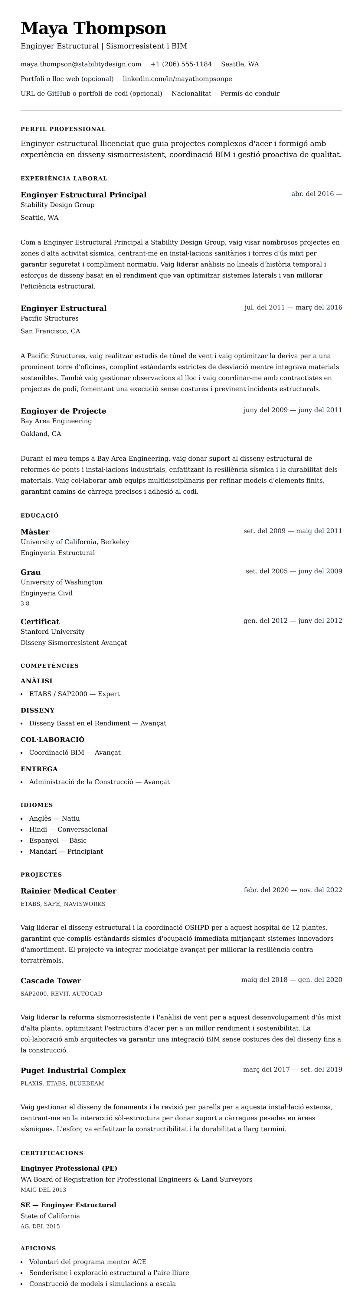 Previsualització del currículum per a Exemple de Currículum d'Enginyer Estructural