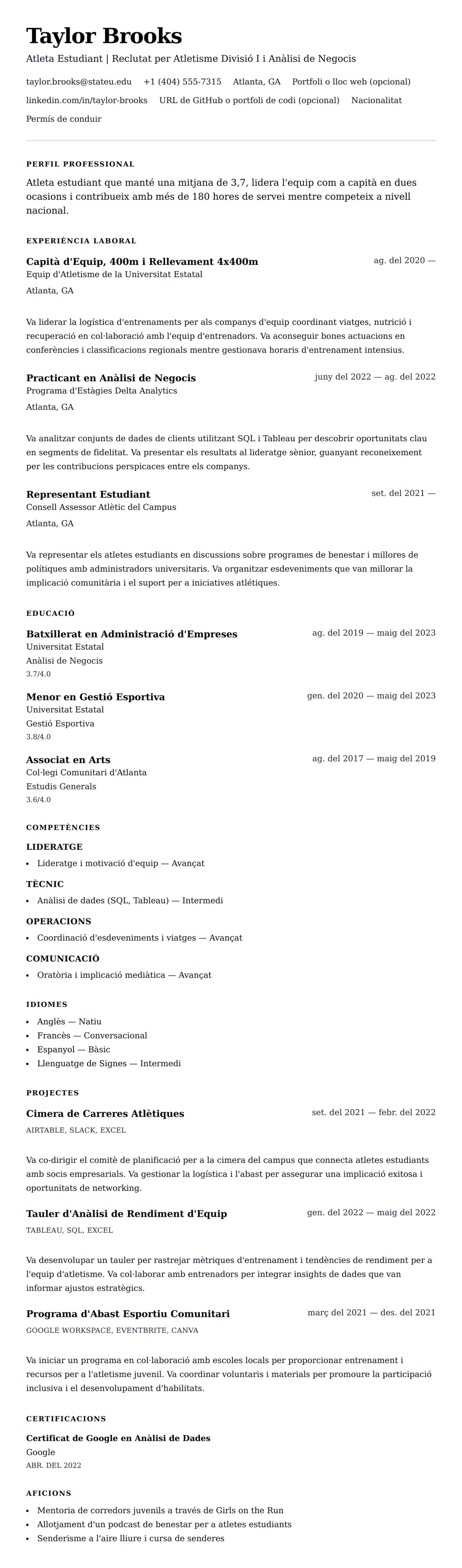 Previsualització del currículum per a Exemple de Currículum d'Atleta Estudiant