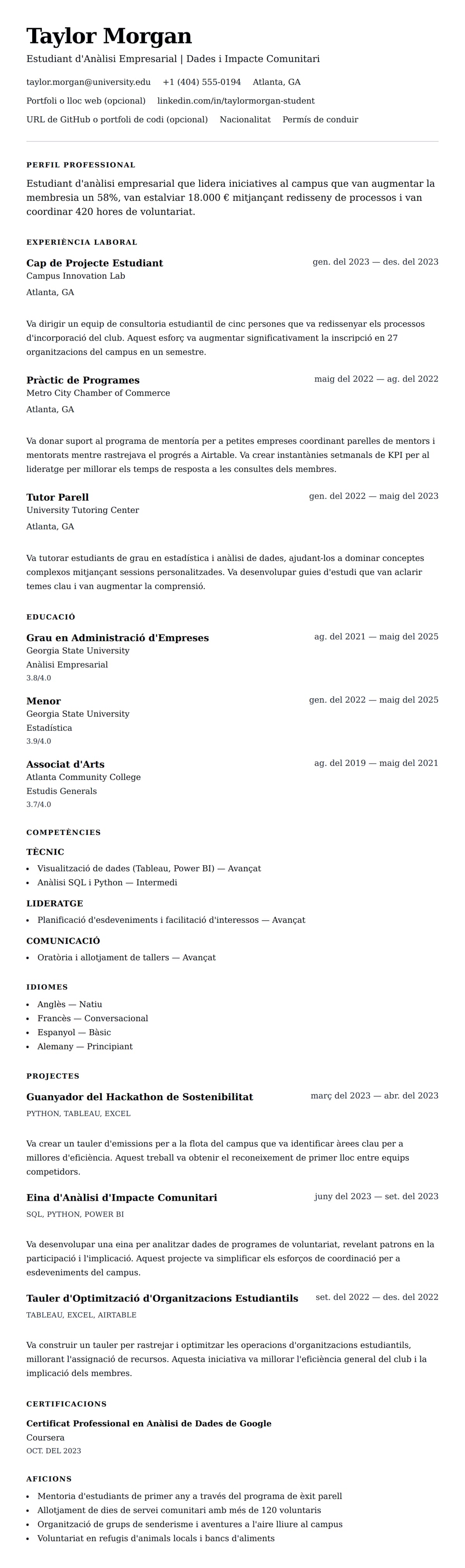 Previsualització del currículum per a Exemple de Currículum d'Estudiant