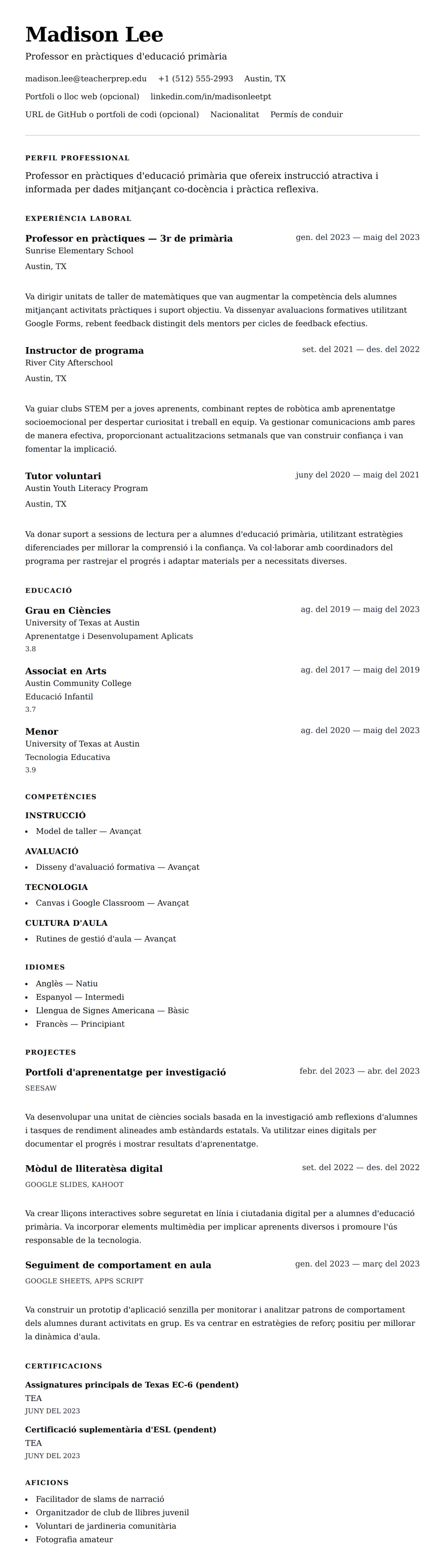 Previsualització del currículum per a Exemple de currículum de professor en pràctiques