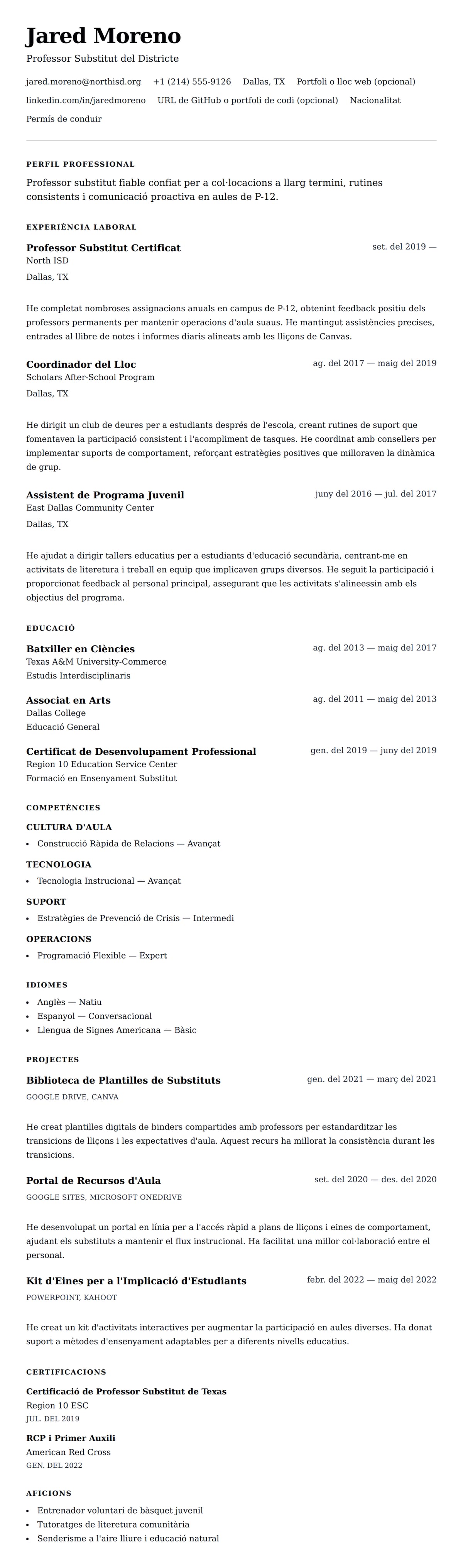 Previsualització del currículum per a Exemple de Currículum de Professor Substitut