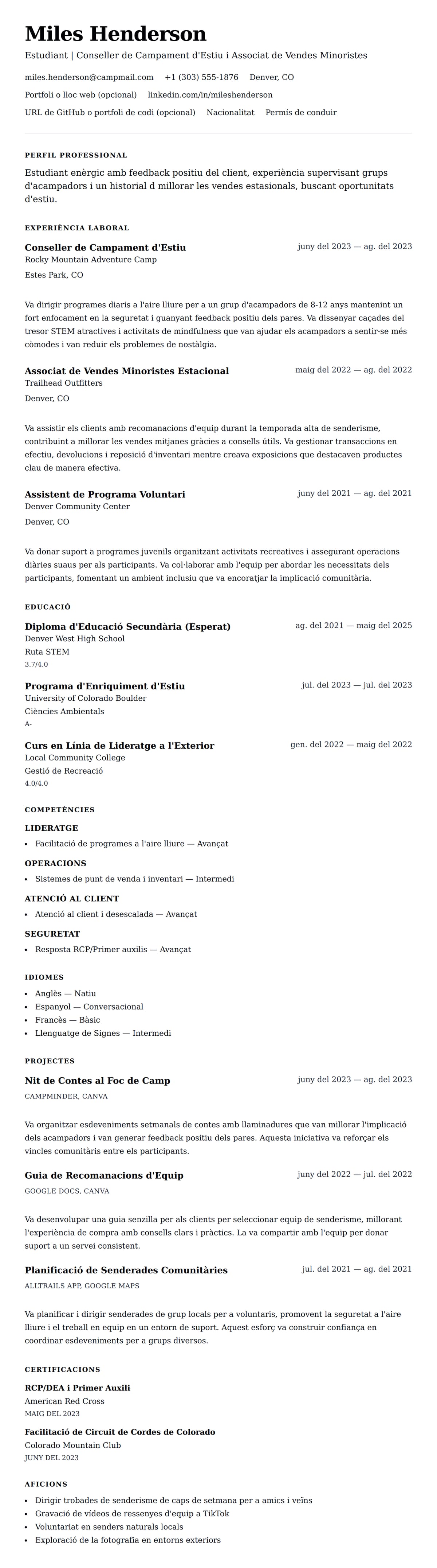 Previsualització del currículum per a Exemple de Currículum per Treball d'Estiu