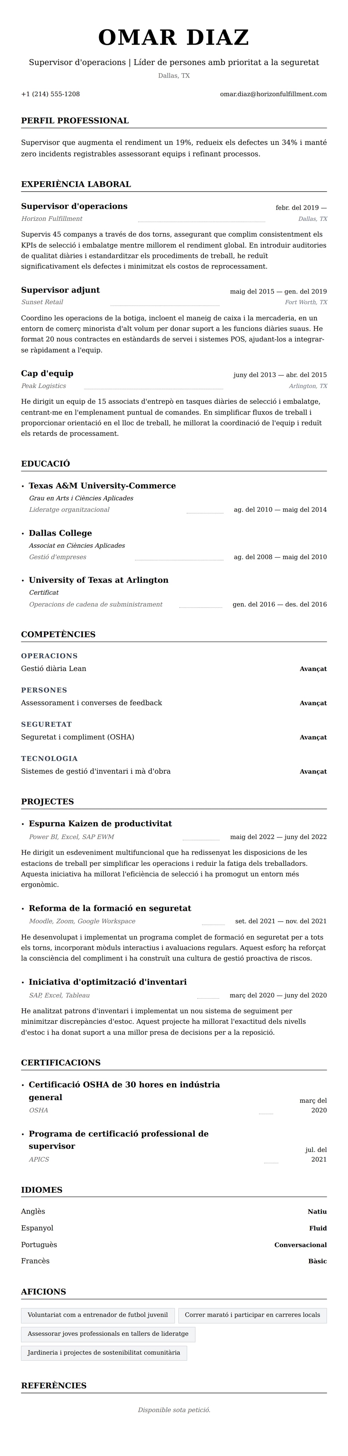 Previsualització del currículum per a Exemple de currículum de supervisor