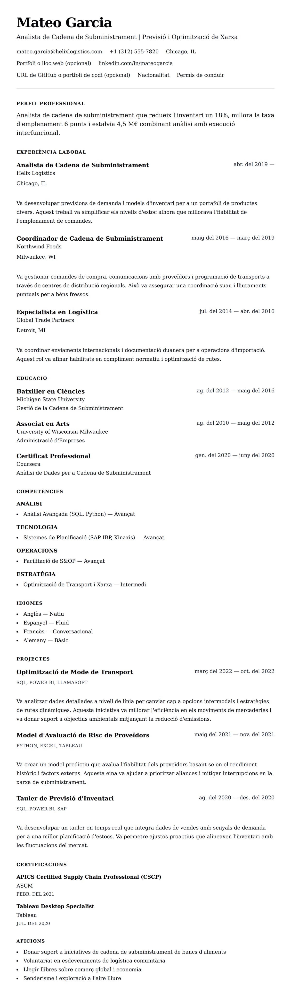 Previsualització del currículum per a Exemple de Currículum d'Analista de Cadena de Subministrament