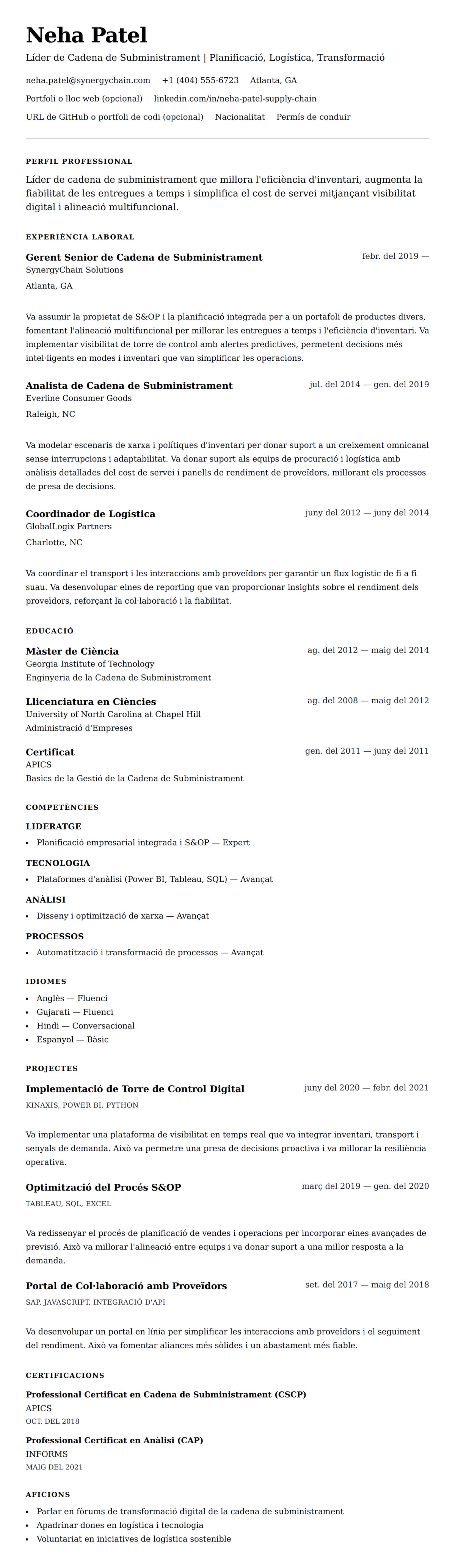 Previsualització del currículum per a Exemple de Currículum de Professional de la Cadena de Subministrament