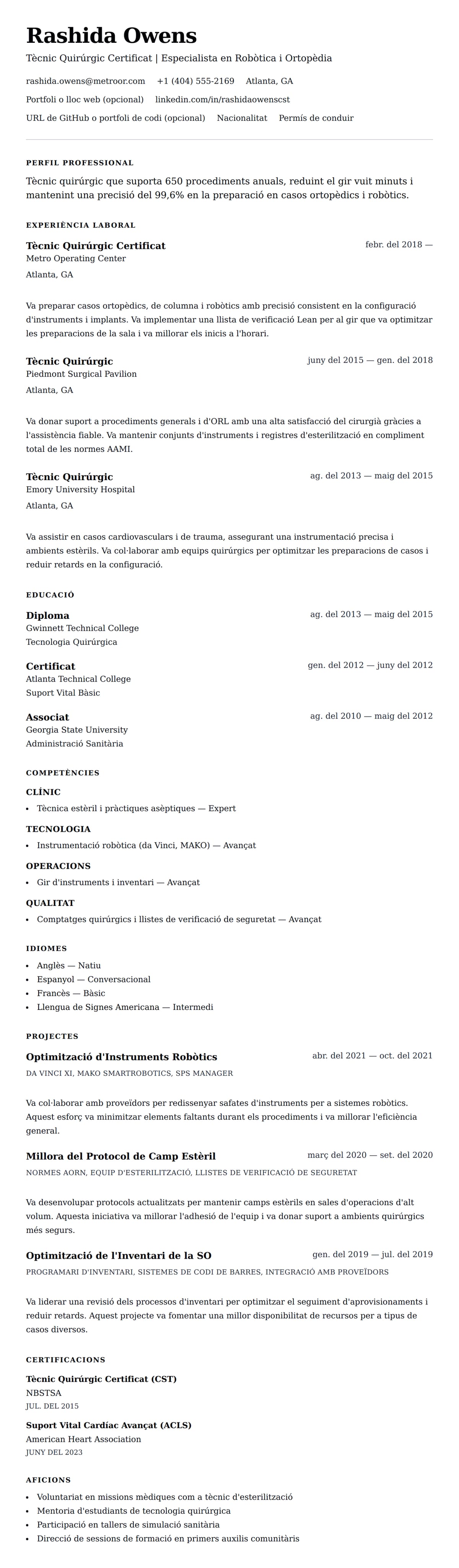 Previsualització del currículum per a Exemple de Currículum de Tècnic Quirúrgic