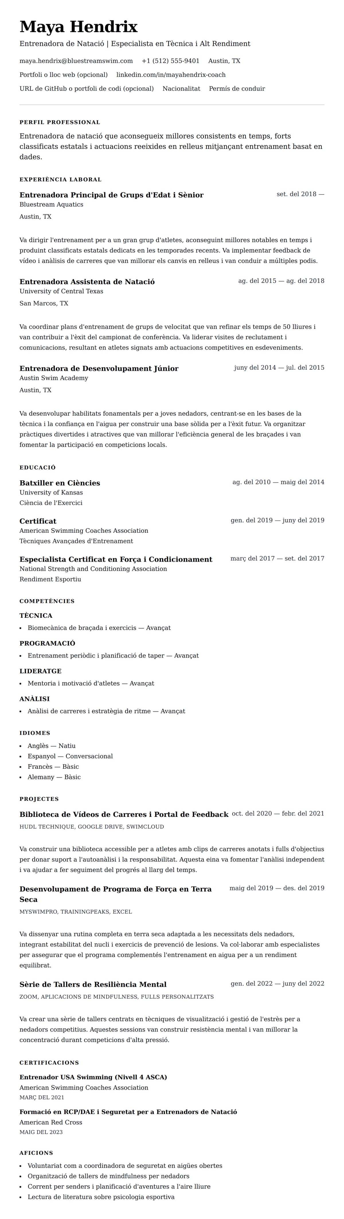 Previsualització del currículum per a Exemple de Currículum d'Entrenador de Natació