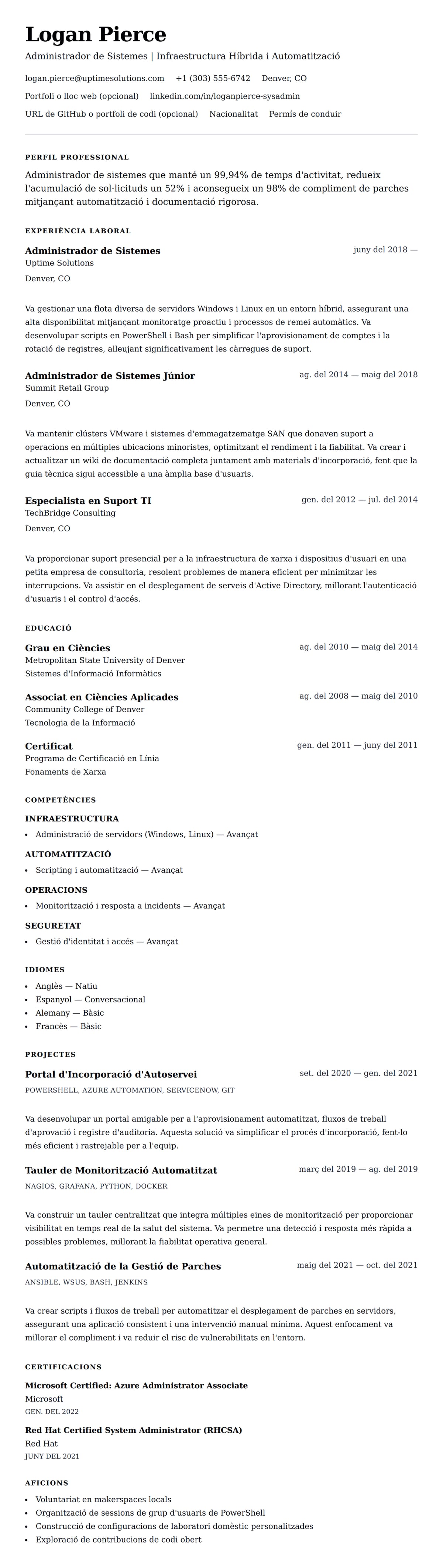 Previsualització del currículum per a Exemple de Currículum d'Administrador de Sistemes