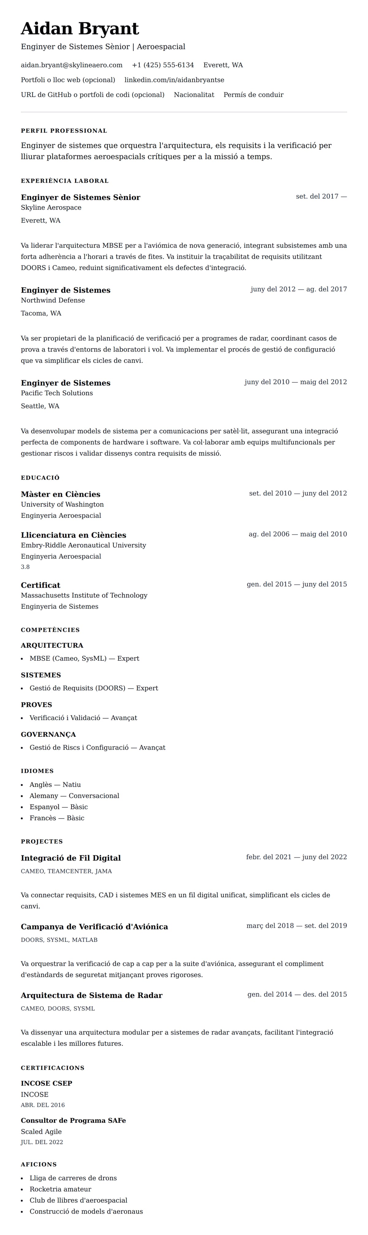 Previsualització del currículum per a Exemple de Currículum d'Enginyer de Sistemes
