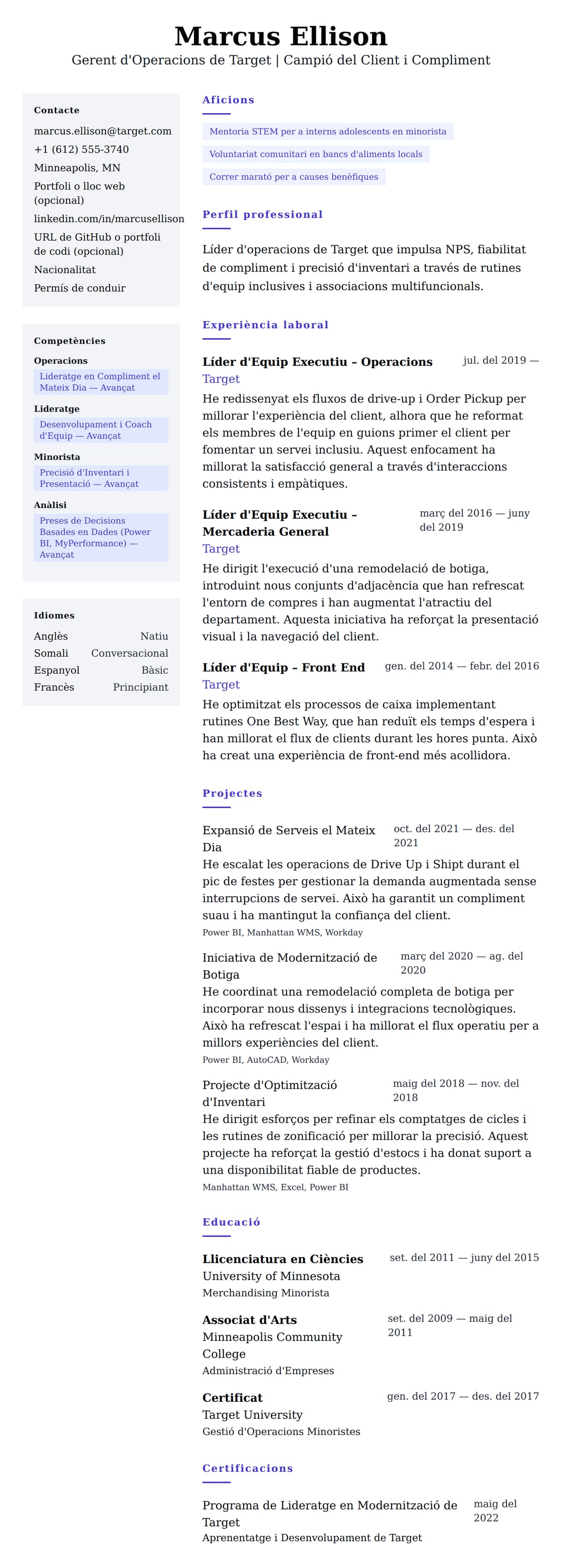 Previsualització del currículum per a Exemple de Currículum de Gerent d'Operacions de Target