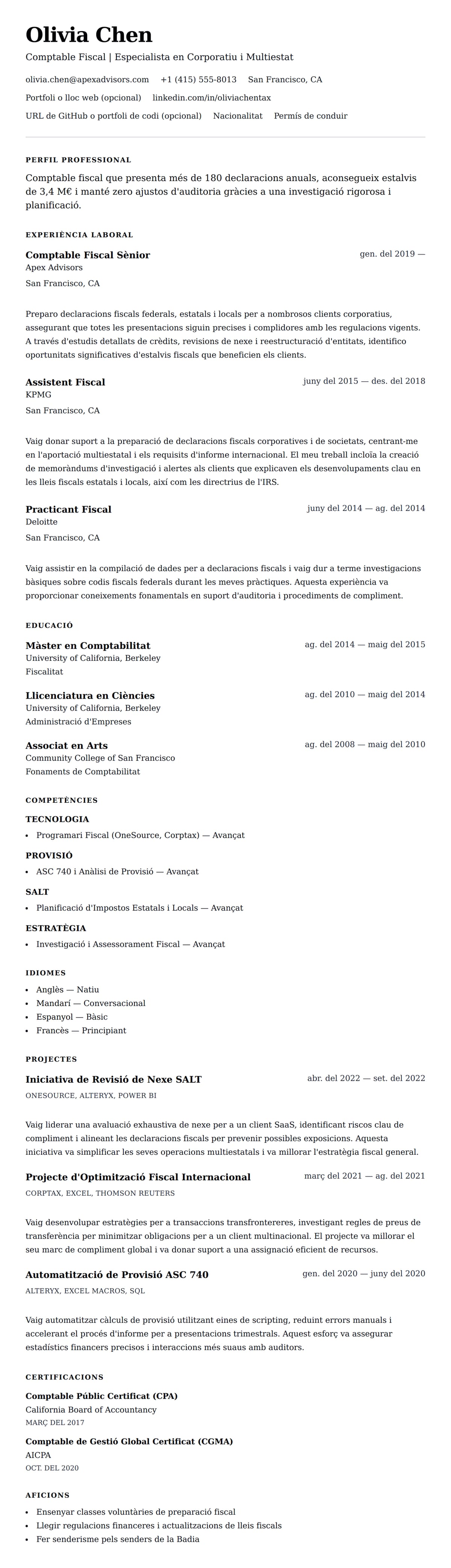 Previsualització del currículum per a Exemple de Currículum de Comptable Fiscal