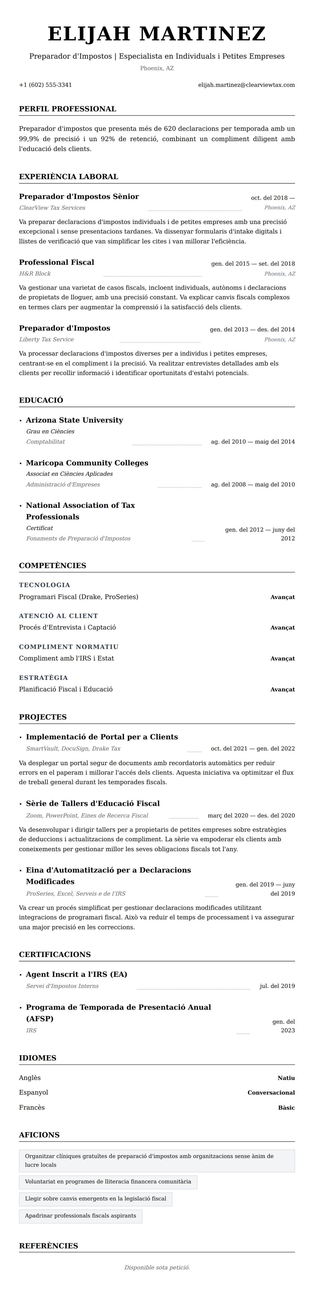Previsualització del currículum per a Exemple de Currículum de Preparador d'Impostos