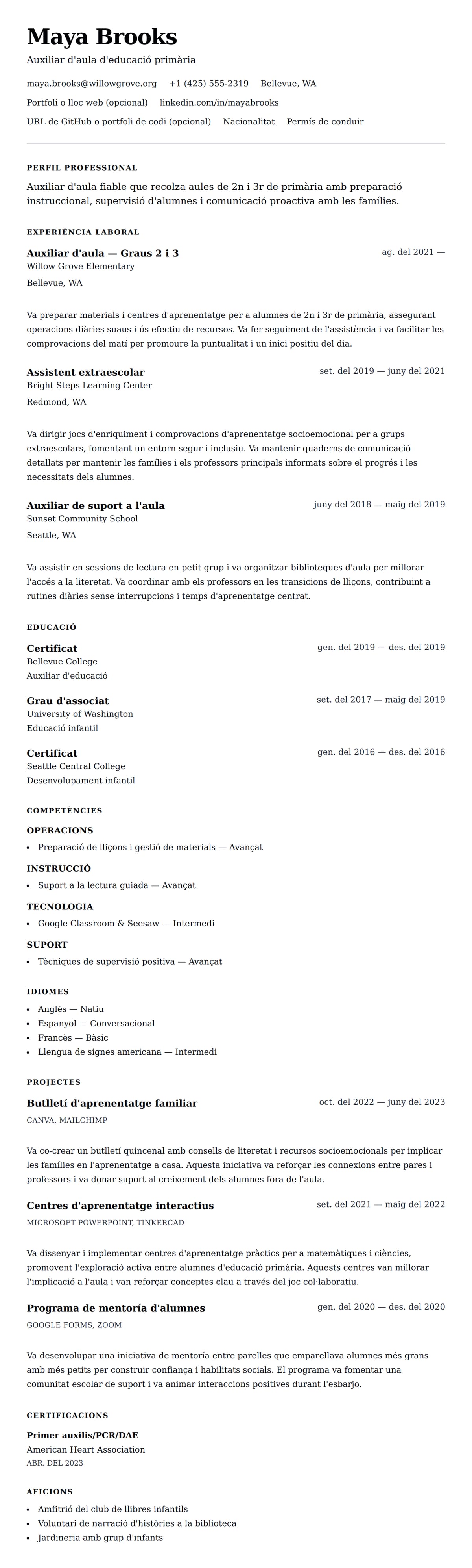 Previsualització del currículum per a Exemple de currículum d'auxiliar d'aula