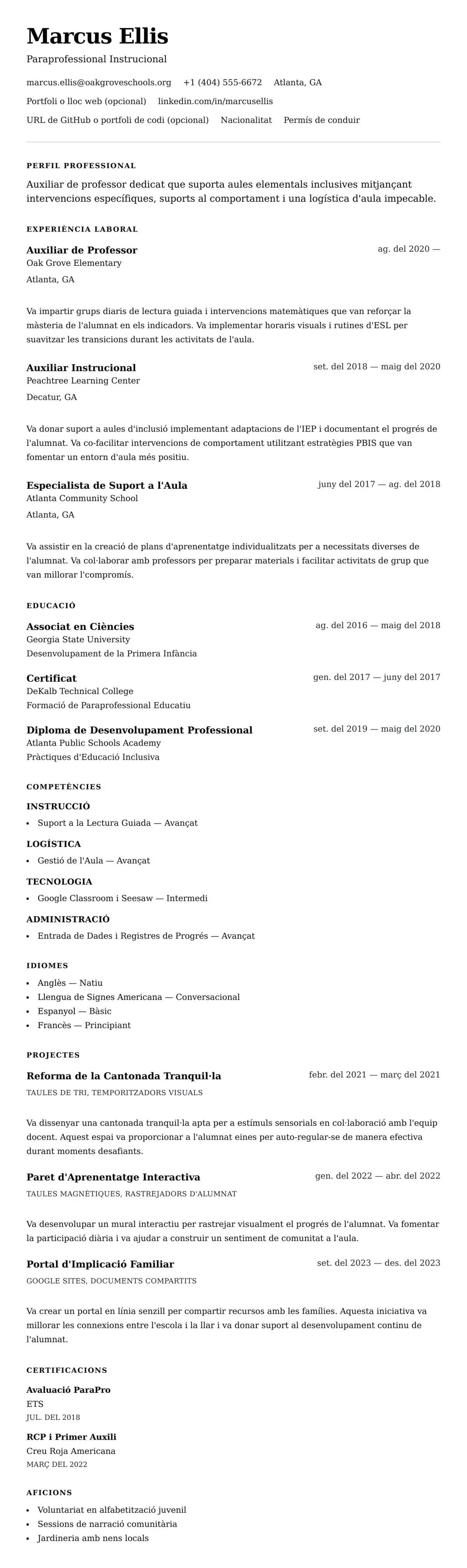 Previsualització del currículum per a Exemple de Currículum d'Auxiliar de Professor