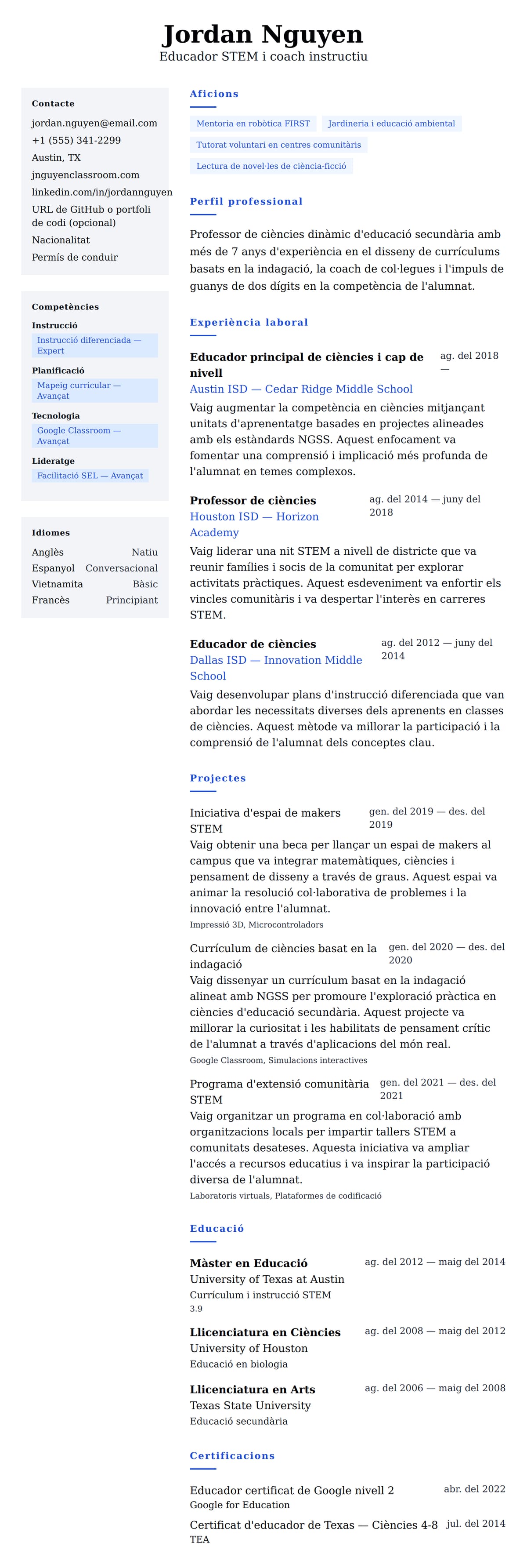 Previsualització del currículum per a Exemple de currículum de professor