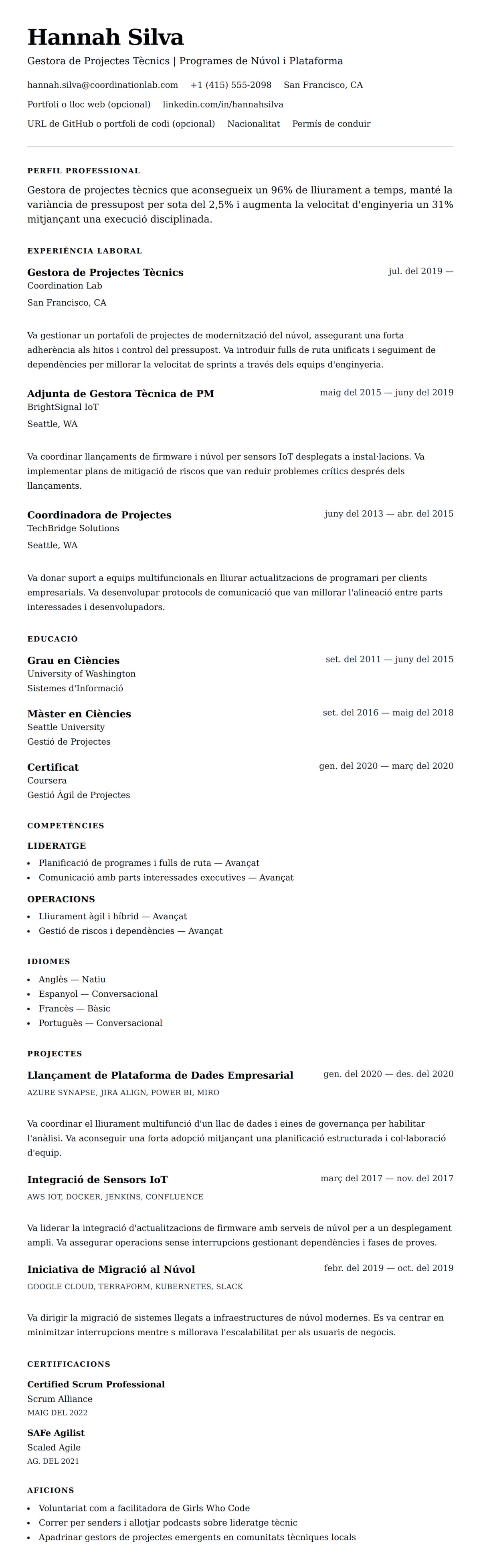 Previsualització del currículum per a Exemple de Currículum de Gestora de Projectes Tècnics