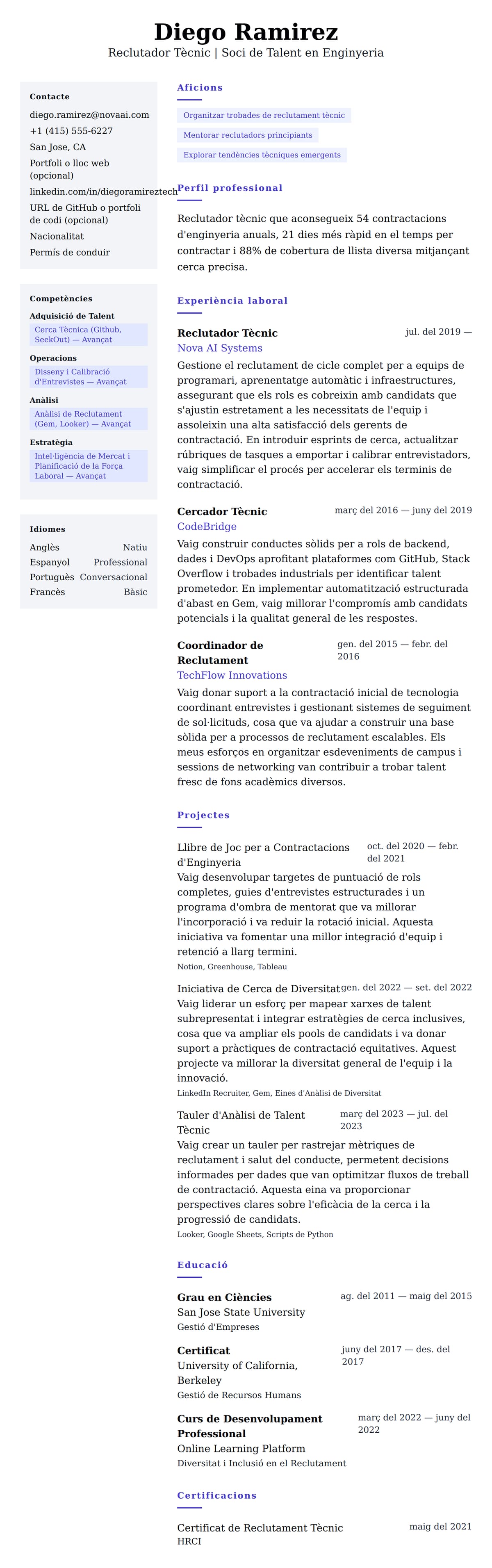 Previsualització del currículum per a Exemple de Currículum de Reclutador Tècnic