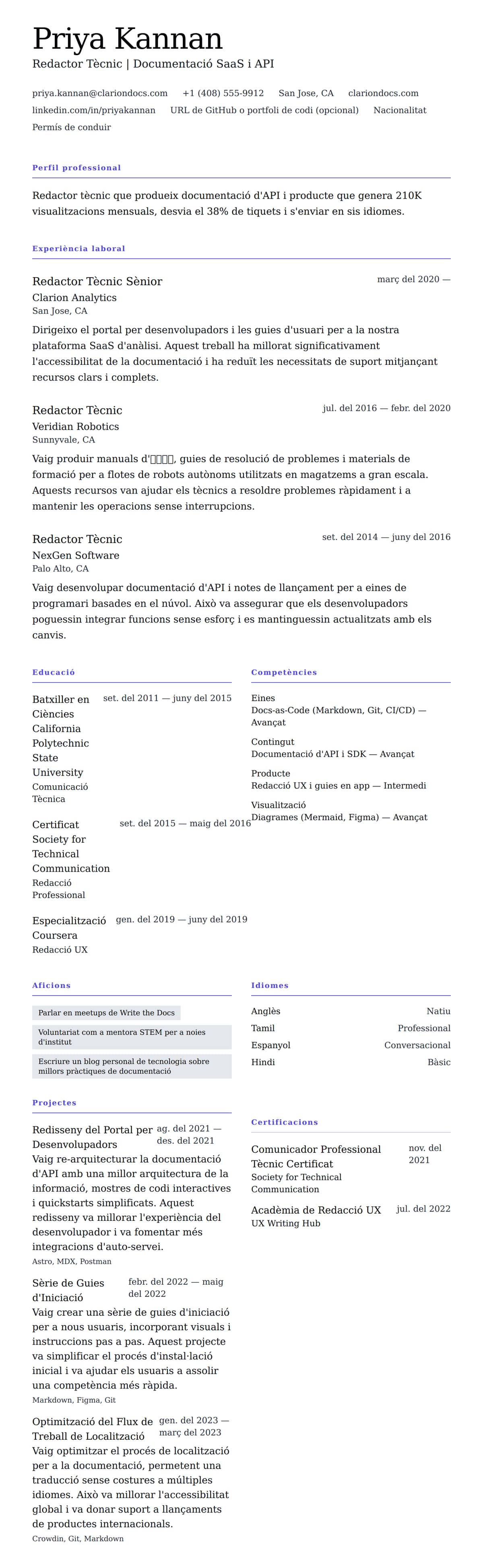 Previsualització del currículum per a Exemple de Currículum de Redactor Tècnic