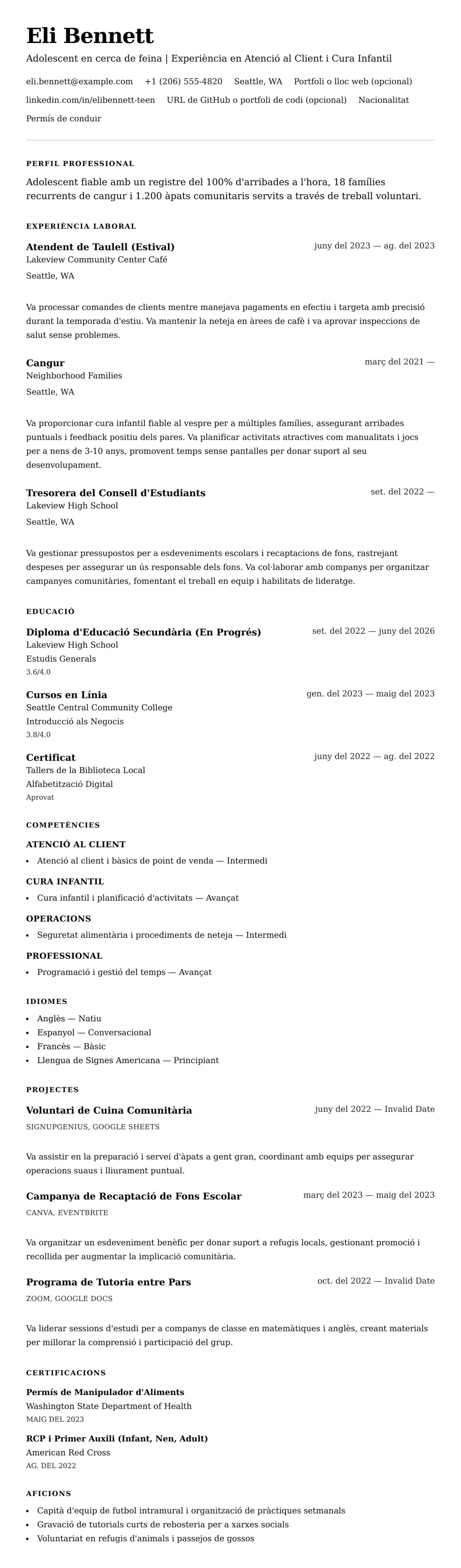 Previsualització del currículum per a Exemple de currículum per a adolescent en cerca de feina