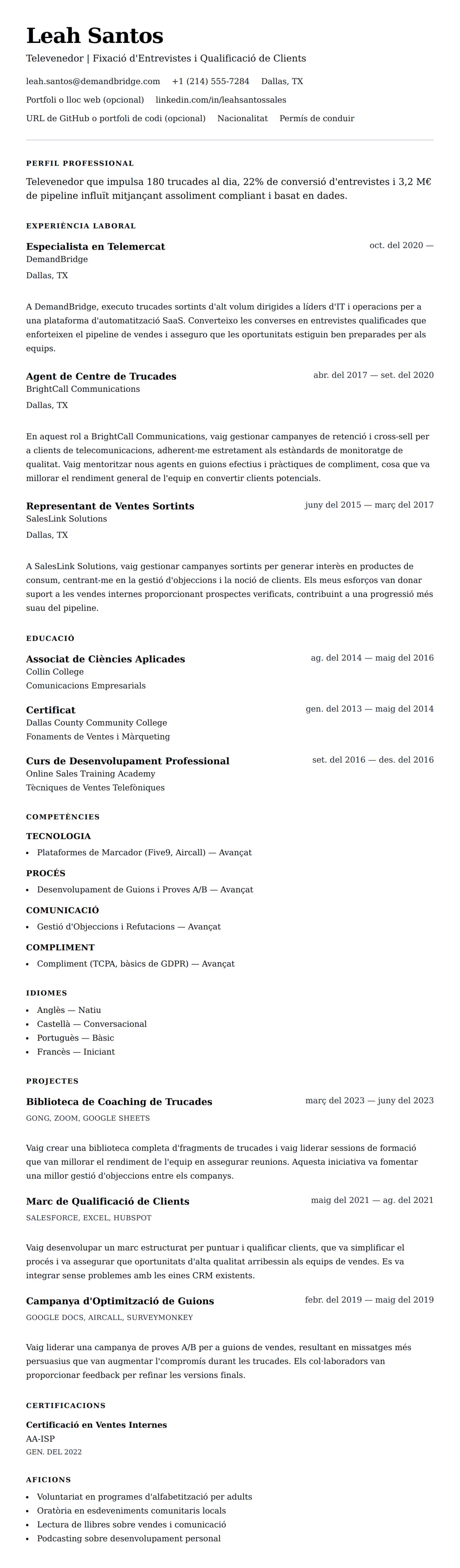 Previsualització del currículum per a Exemple de Currículum de Televenedor