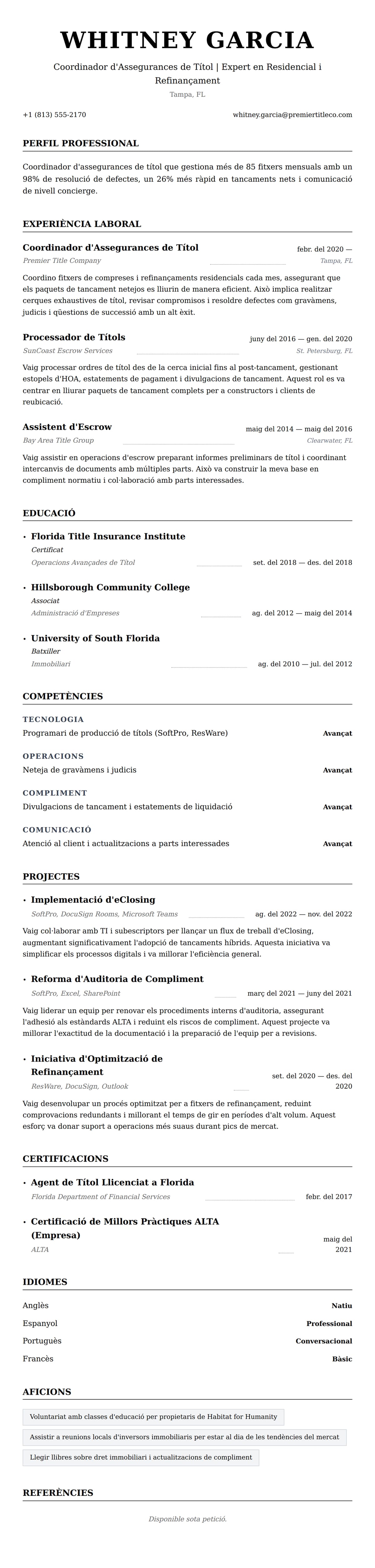 Previsualització del currículum per a Exemple de Currículum de Coordinador d'Assegurances de Títol