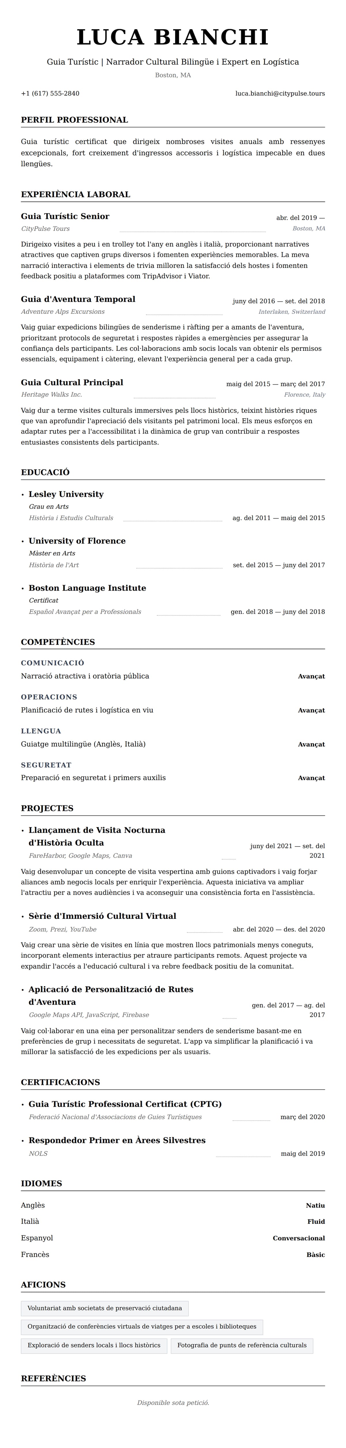 Previsualització del currículum per a Exemple de Currículum de Guia Turístic