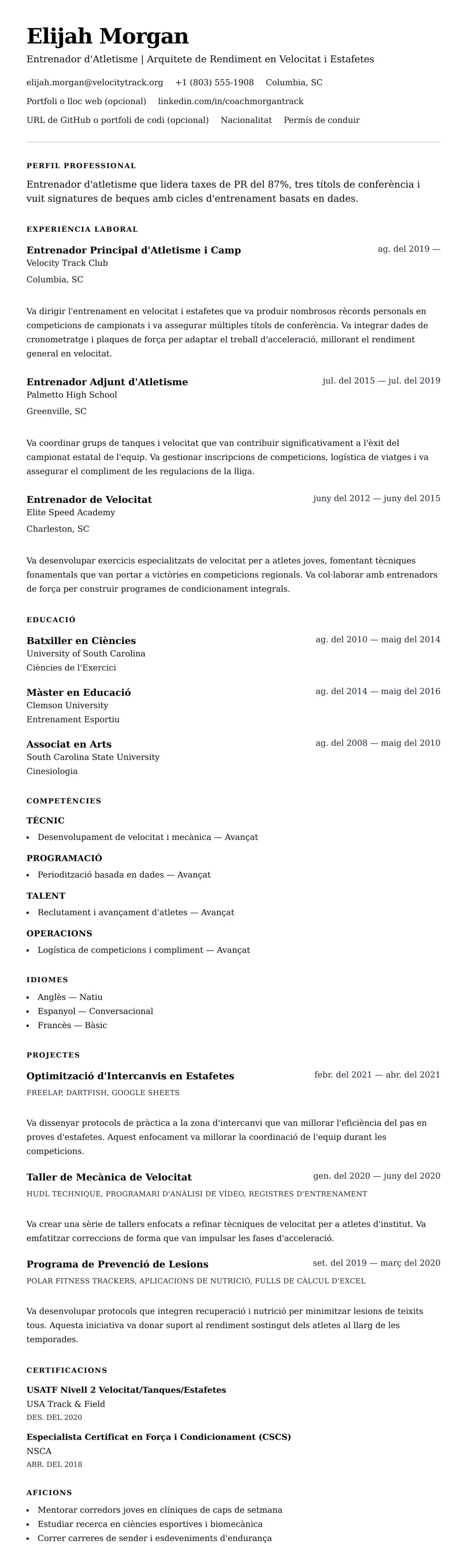 Previsualització del currículum per a Exemple de Currículum d'Entrenador d'Atletisme