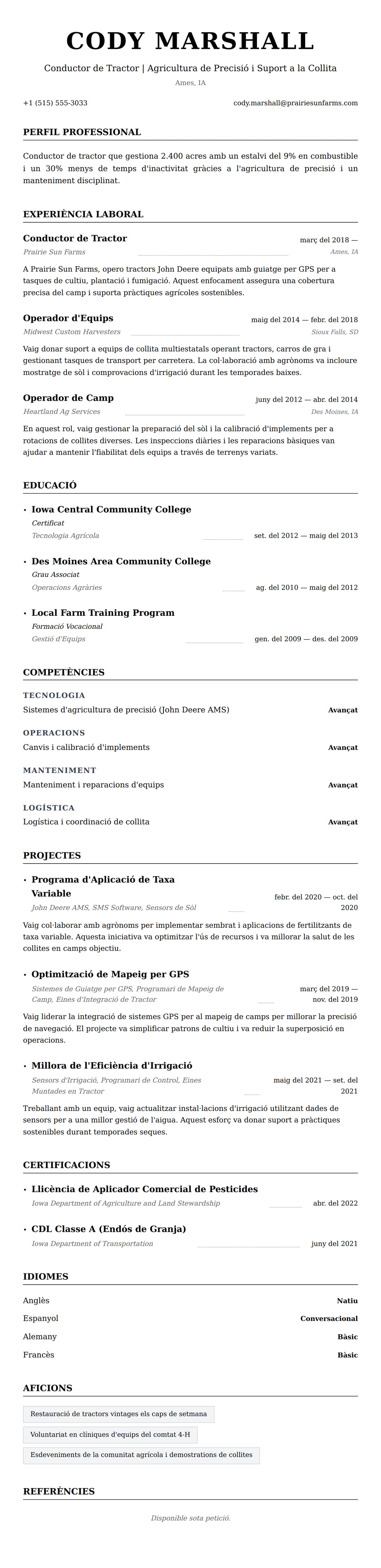 Previsualització del currículum per a Exemple de Currículum de Conductor de Tractor