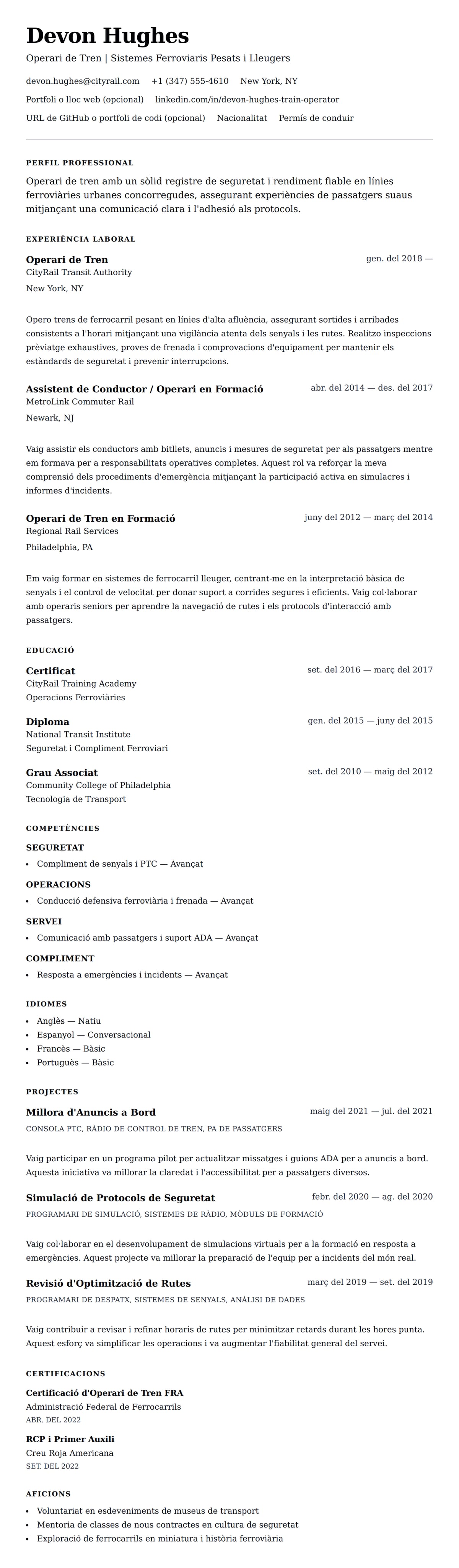 Previsualització del currículum per a Exemple de Currículum d'Operari de Tren