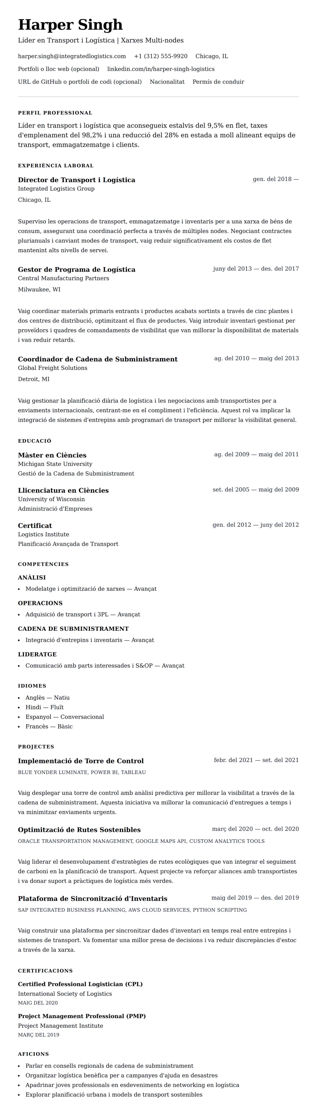 Previsualització del currículum per a Exemple de Currículum de Professional en Transport i Logística