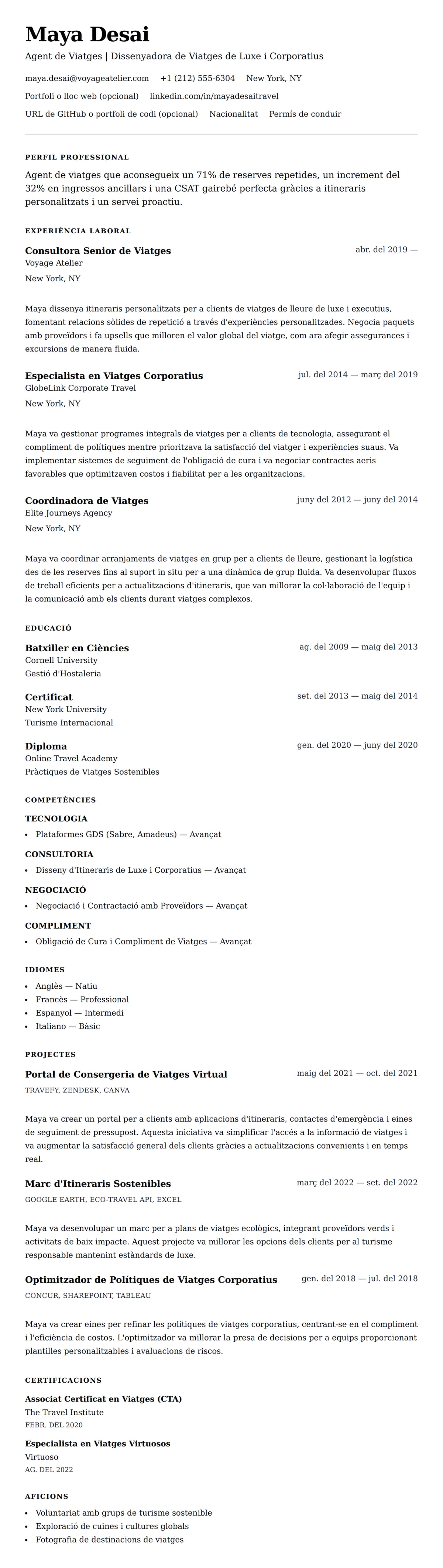 Previsualització del currículum per a Exemple de Currículum d'Agent de Viatges