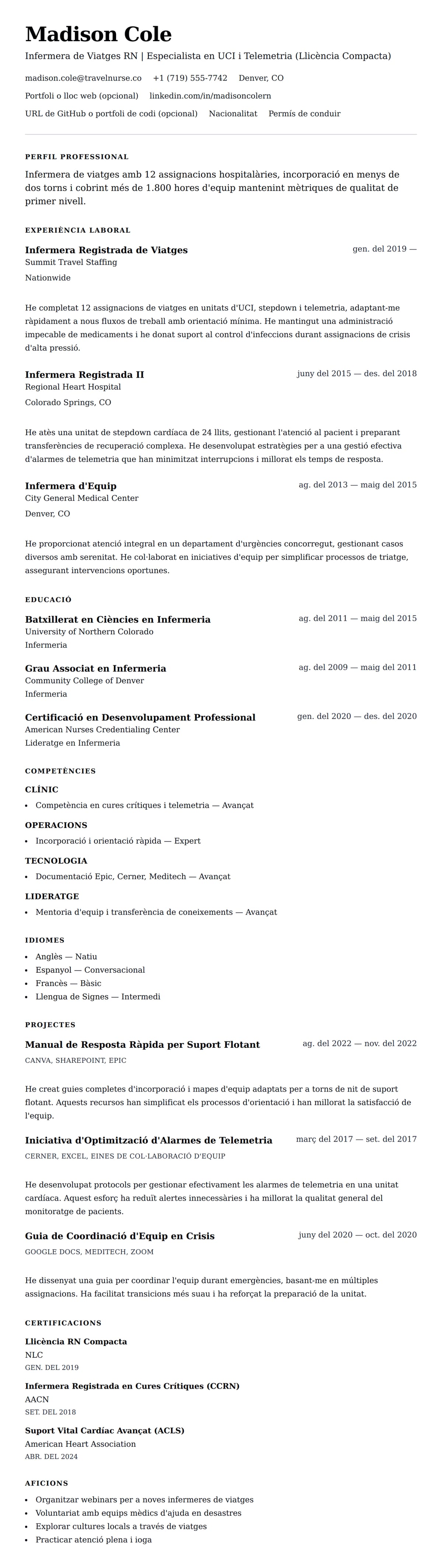 Previsualització del currículum per a Exemple de Currículum d'Infermera de Viatges