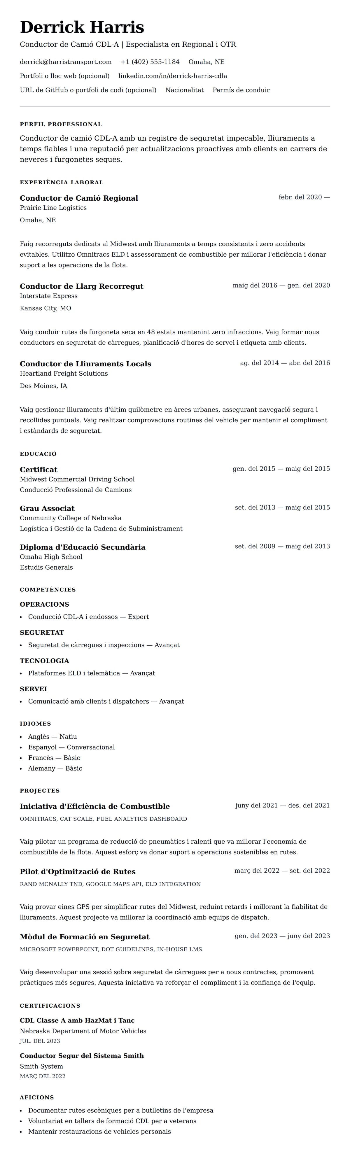 Previsualització del currículum per a Exemple de Currículum de Conductor de Camió