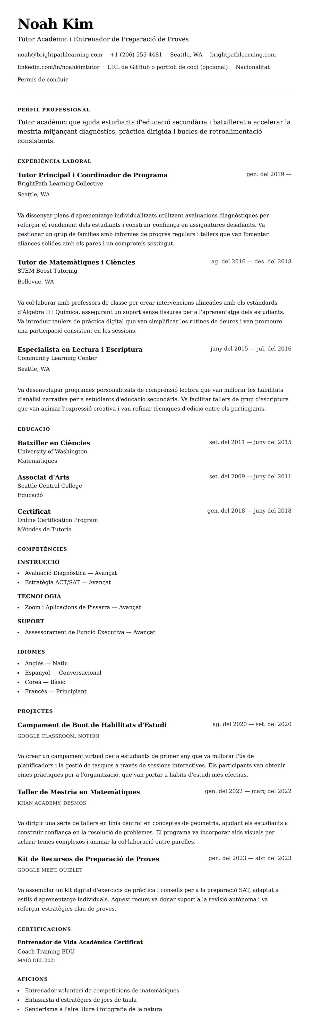 Previsualització del currículum per a Exemple de Currículum de Tutor