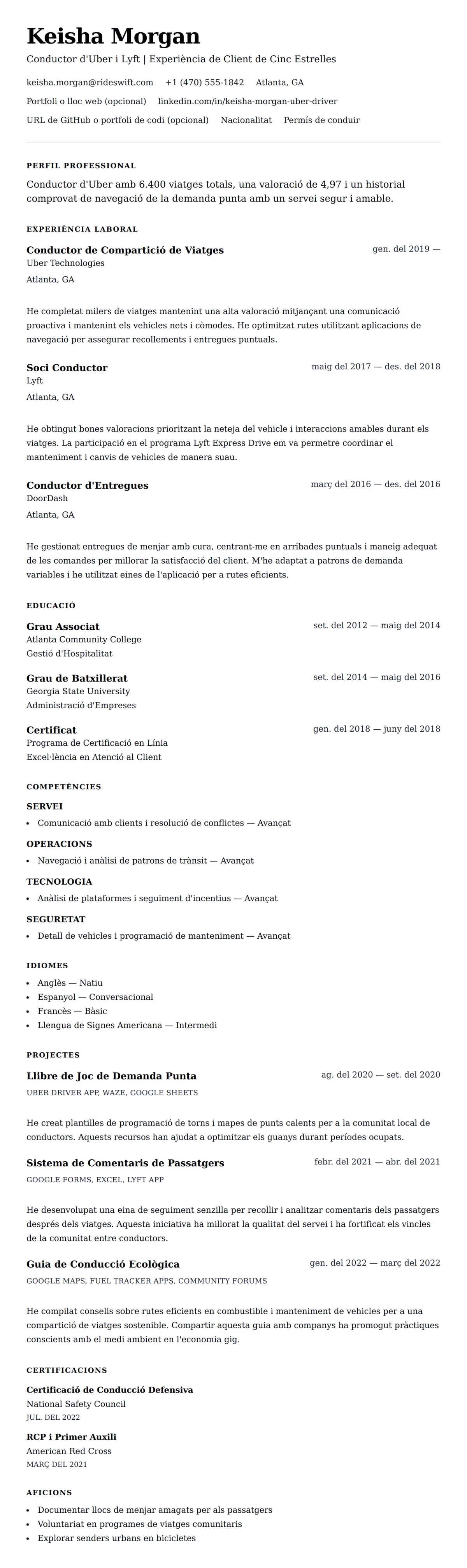 Previsualització del currículum per a Exemple de Currículum de Conductor d'Uber