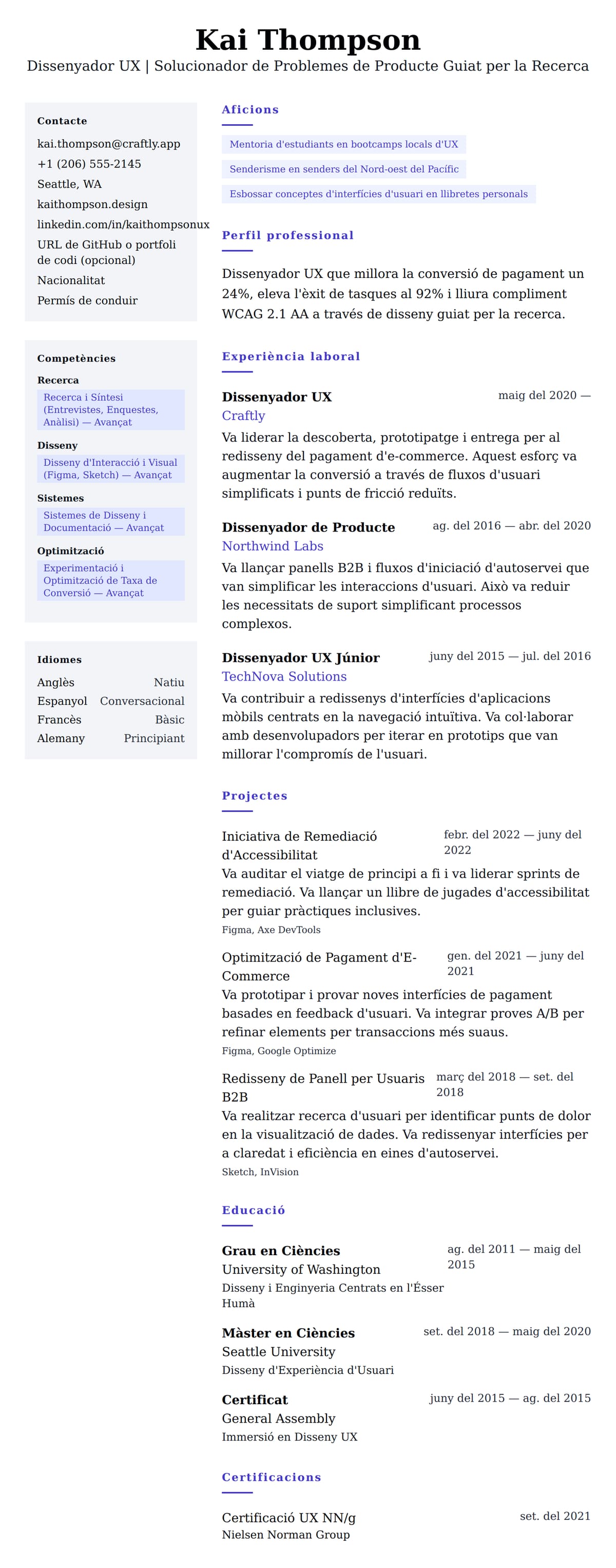 Previsualització del currículum per a Exemple de Currículum de Dissenyador UX