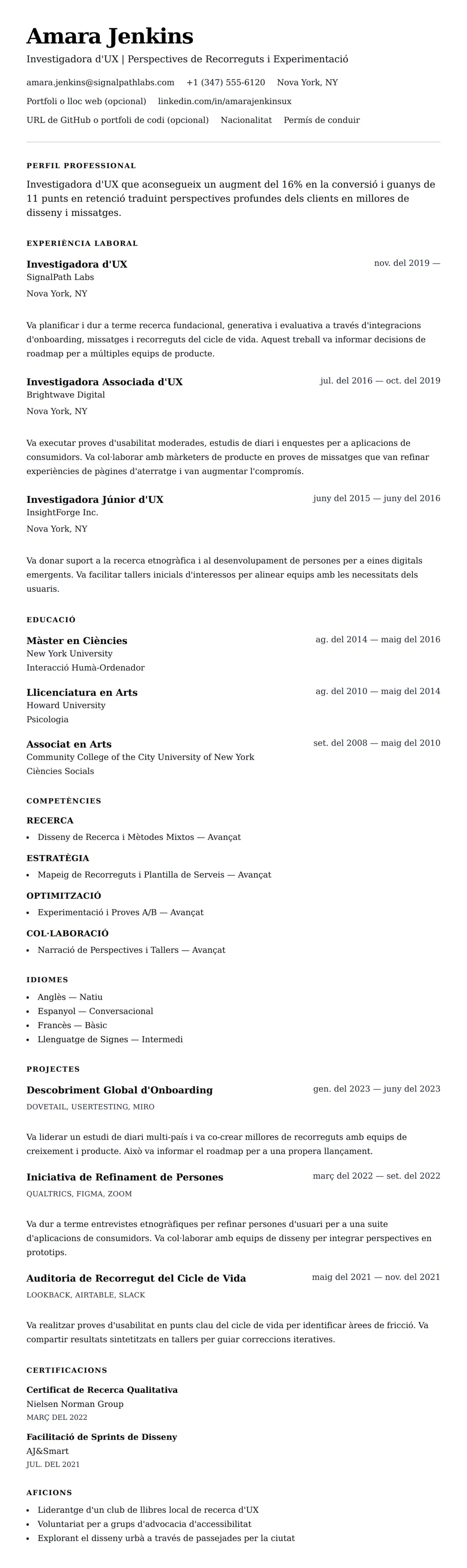 Previsualització del currículum per a Exemple de Currículum d'Investigador d'UX