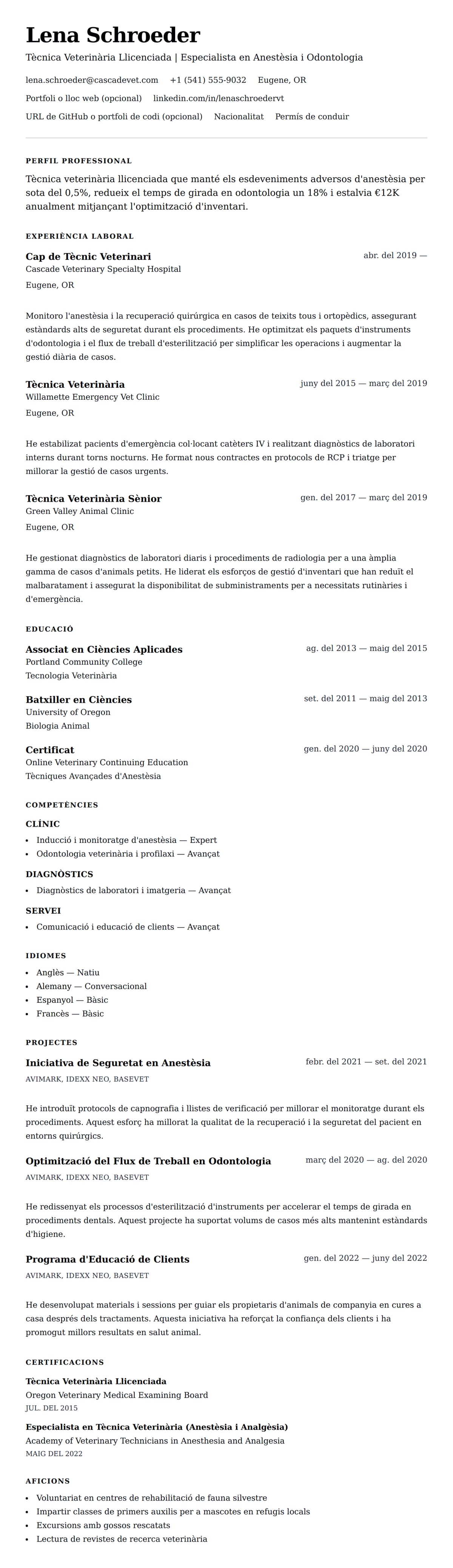 Previsualització del currículum per a Exemple de Currículum de Tècnic Veterinari