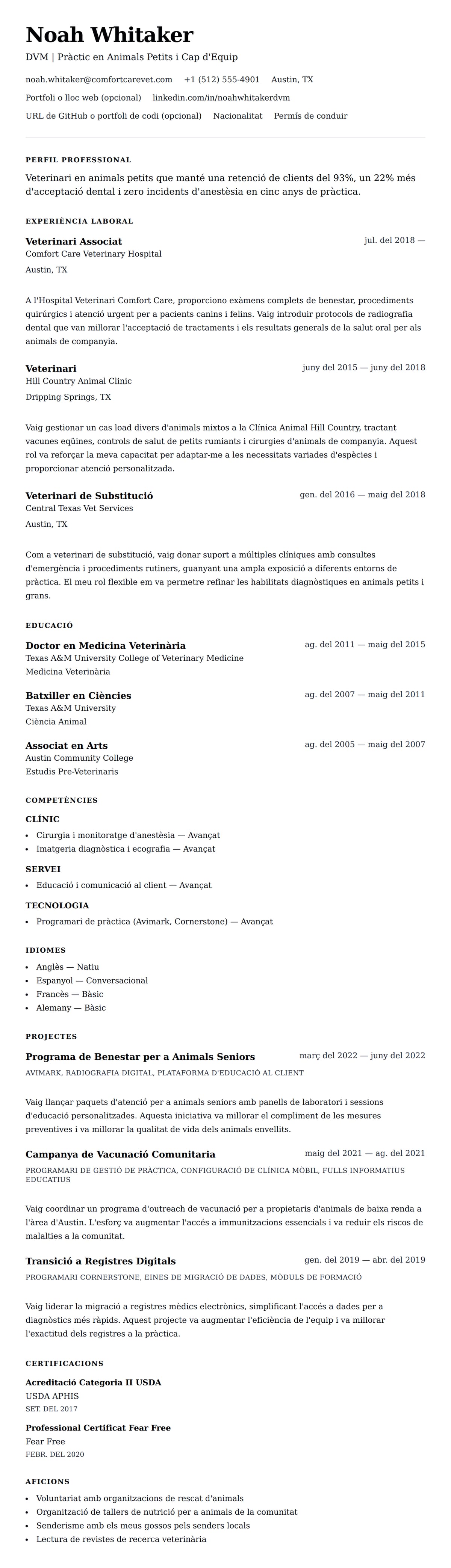 Previsualització del currículum per a Exemple de Currículum de Veterinari