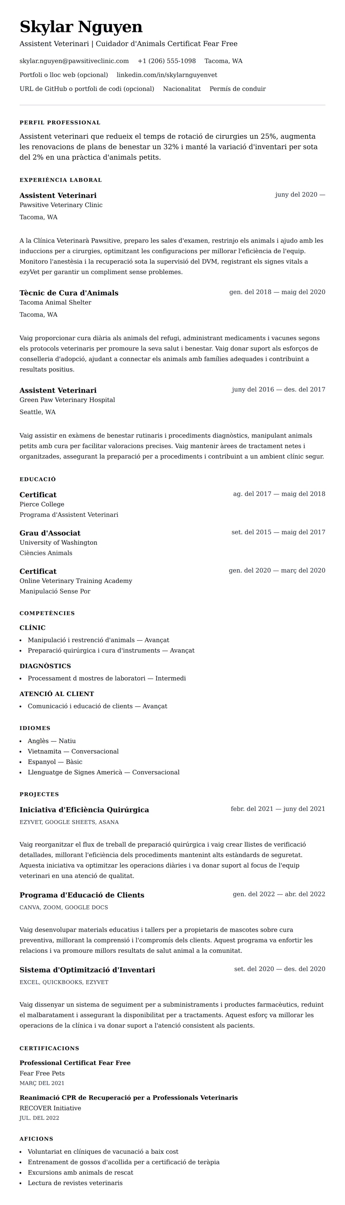 Previsualització del currículum per a Exemple de Currículum d'Assistent Veterinari