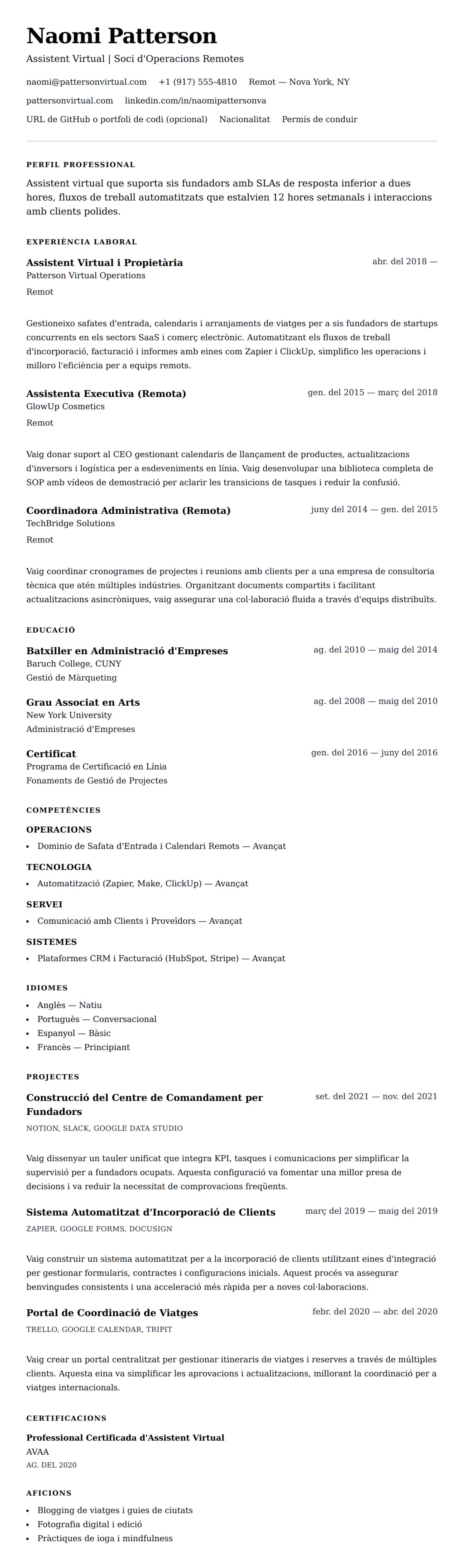 Previsualització del currículum per a Exemple de Currículum d'Assistent Virtual