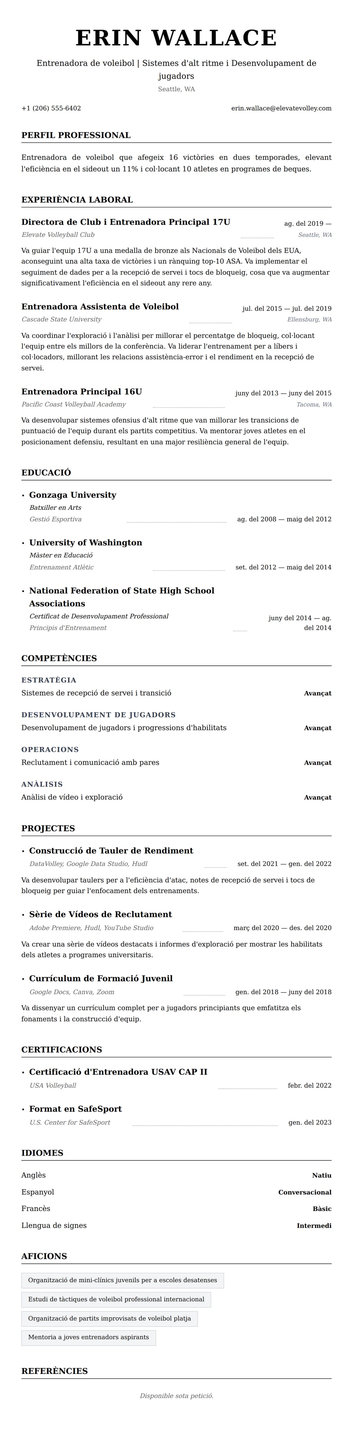 Previsualització del currículum per a Exemple de currículum d'entrenadora de voleibol