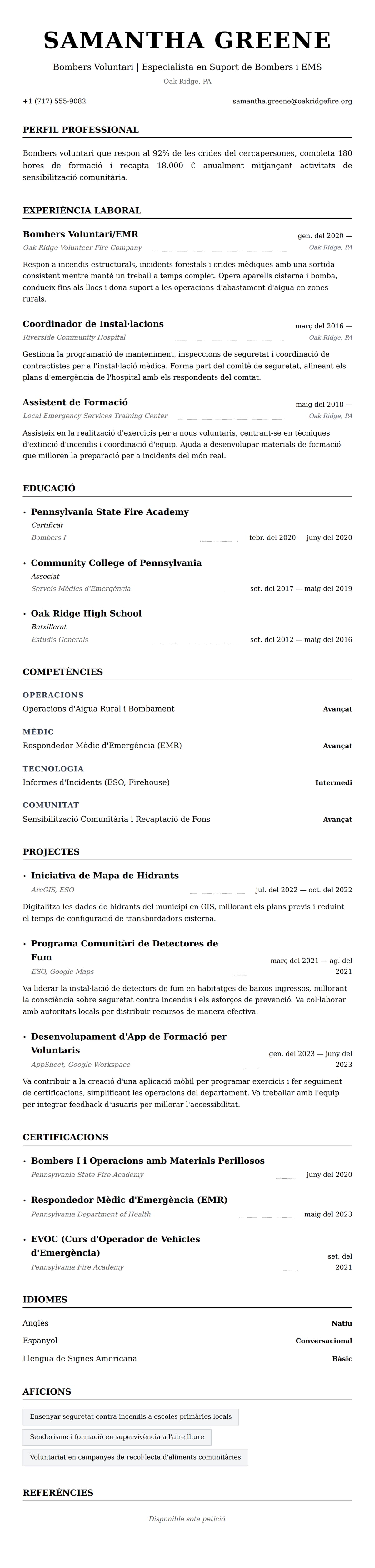 Previsualització del currículum per a Exemple de Currículum de Bombers Voluntari